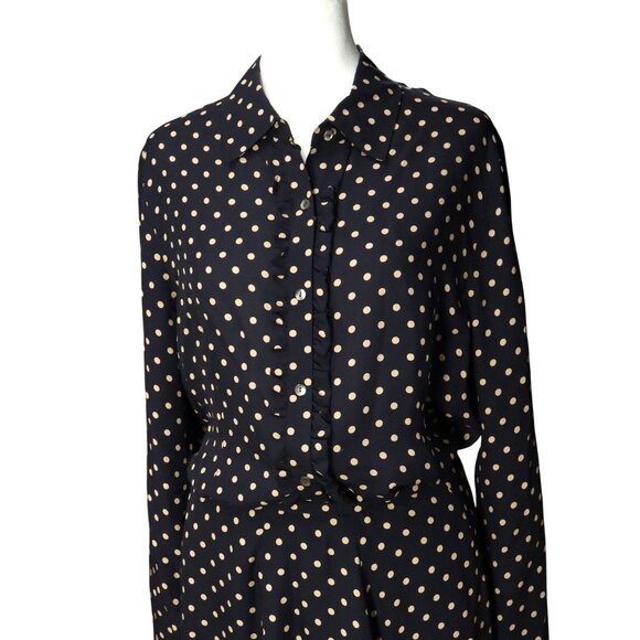 Talbots Sz 14 Blouse & Maxi Skirt Set Navy Blue / Khaki Polka Dot 100% Silk - Picture 2 of 6